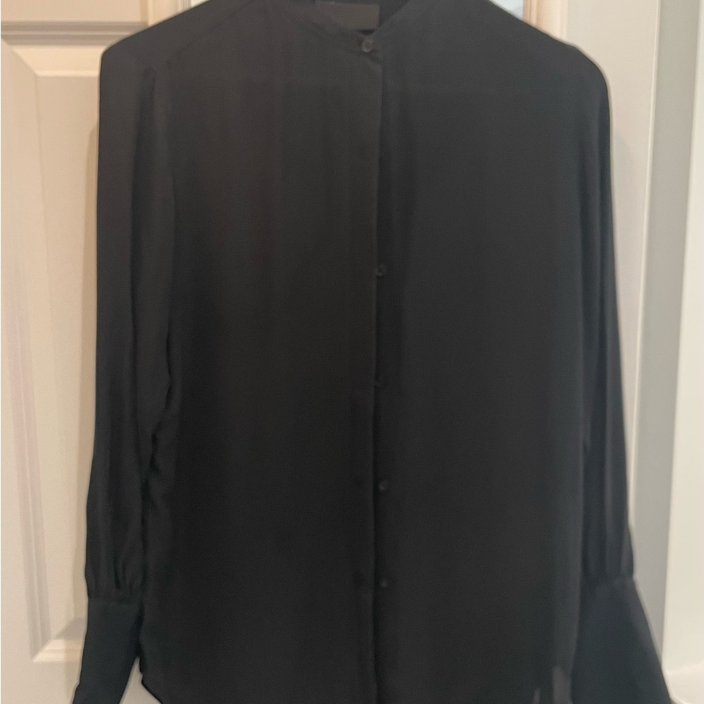 Silk Collarless Black Button-Up Blouse